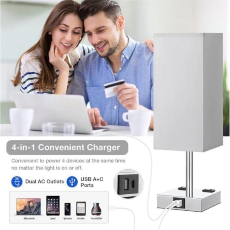 2PCS Touch Bedside Table Lamps, 3-Way Dimmable with USB A + Type C Charging Ports and Two AC Outlets, Square Desk Light with E26 LED Bulb for Bedroom Living Room Dorm Office Grey - Image 5