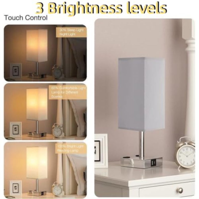 2PCS Touch Bedside Table Lamps, 3-Way Dimmable with USB A + Type C Charging Ports and Two AC Outlets, Square Desk Light with E26 LED Bulb for Bedroom Living Room Dorm Office Grey - Image 3