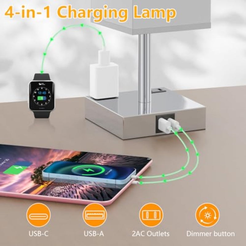 2PCS Touch Bedside Table Lamps, 3-Way Dimmable with USB A + Type C Charging Ports and Two AC Outlets, Square Desk Light with E26 LED Bulb for Bedroom Living Room Dorm Office Grey - Image 4