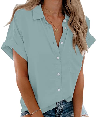 Beautife Womens Short Sleeve Shirts V Neck Collared Button Down Shirt Tops with Pockets (Large, Light Green) - Image 1
