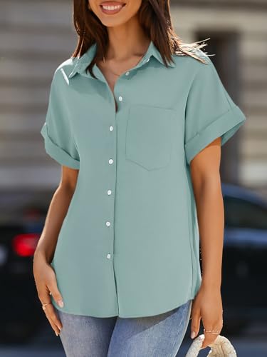 Beautife Womens Short Sleeve Shirts V Neck Collared Button Down Shirt Tops with Pockets (Large, Light Green) - Image 2