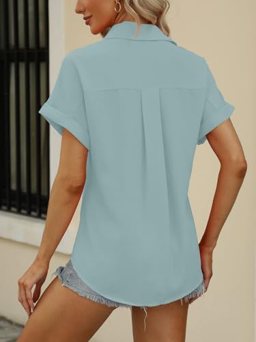 Beautife Womens Short Sleeve Shirts V Neck Collared Button Down Shirt Tops with Pockets (Large, Light Green) - Image 5