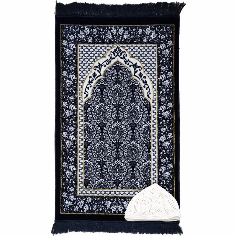 Modefa Modefa Turkish Islamic Prayer Rug  Soft  Plush Velvet Praying Carpet  Traditional Muslim Prayer Mat  Muslim Janamaz Sajada  Ramadan or Eid Gift  Kufi Prayer Cap  Floral Ipek Blue 