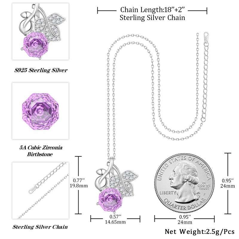 Aurora Tears Birthstone Rose Pendant Necklace - 925 Sterling Silver Rose Cut Cubic Zirconia Flower Leaf Necklace Anniversary Birthday Jewelry Gift for Women Wife Mom Daughter (B.February) DP0389F - Image 4