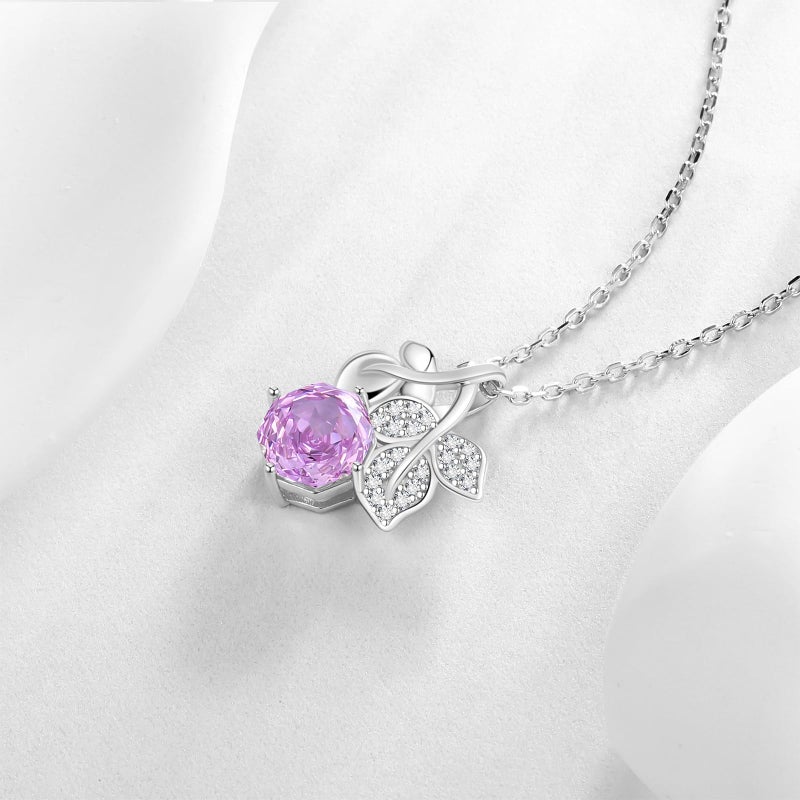 Aurora Tears Birthstone Rose Pendant Necklace - 925 Sterling Silver Rose Cut Cubic Zirconia Flower Leaf Necklace Anniversary Birthday Jewelry Gift for Women Wife Mom Daughter (B.February) DP0389F - Image 2