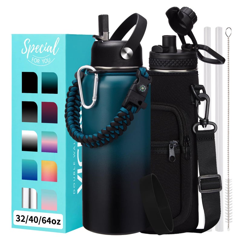 32oz40oz64oz Insulated Water Bottles  with Straw  Flip Auto Lid Stainless Steel Water Bottle Shoulder Carrier Bag Silicone Boot BPAFree Metal Water Bottle with Handle Paracord