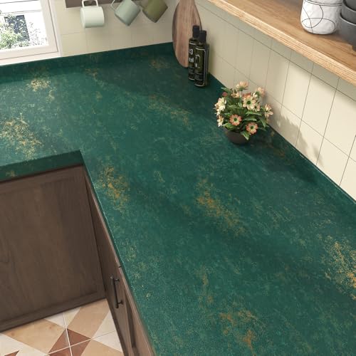 Wallercity Emerald Green Marble Peel and Stick Countertops Contact Paper Textured Gold Marble Wallpaper for Kitchen Bathroom Waterproof Removable Granite Wall Paper for Shelf Liner Tables 158x236 in - Image 3