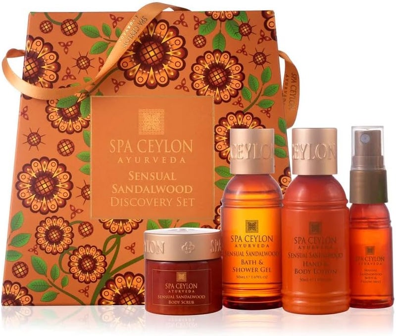 Spa Ceylon Sensual Sandalwood Discovery Set Travel Size Body Care Set for All Skin Types Body Pillow Mist 20ml Bath Shower Gel 50ml Body Lotion 50ml Body Scrub 30g Gift Set