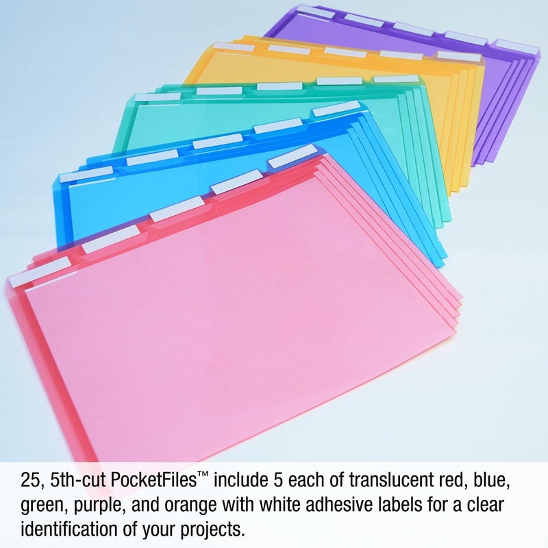 Ultimate Office PocketFile™ Clear Poly Document Folder Project Pockets, 5th-Cut, Letter Size, in 5 Assorted Colors, Set of 25 - Image 4
