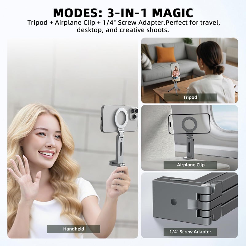 BRDRC Magnetic Tripod for iPhone, Airplane Phone Holder for MagSafe Selfie Stick Adapter Travel Foldable Clip Clamp Plane Desktop Stand for iPhone 17 16 15 14 13 12 Pro Max Mini Accessories - Image 2