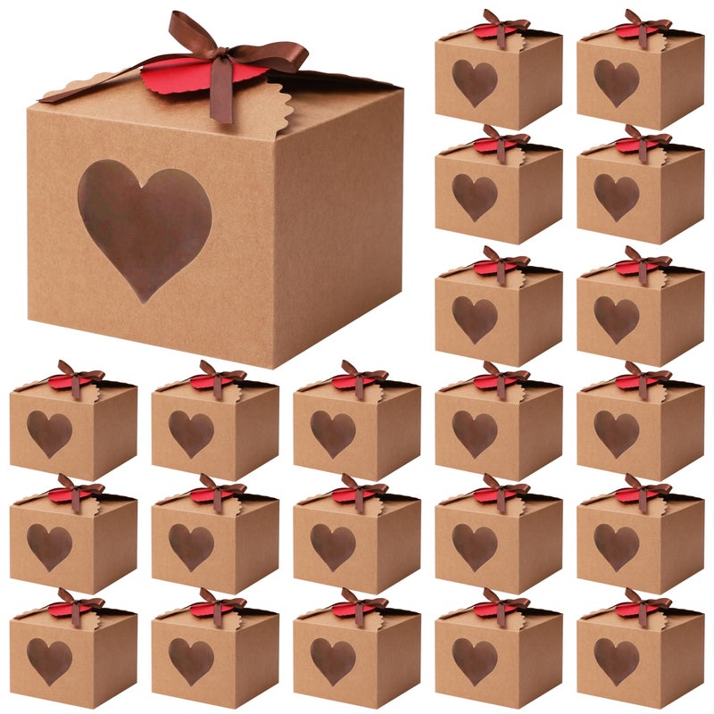 Cooraby 20 Pieces Valentines Heart Gift Boxes with Display Window 51 x 51 x 4 Inch Kraft Paper Gift Bags Gift Packaging Boxes with Tags and Ribbons for Valentines Day Christmas Party Decorations - Image 2