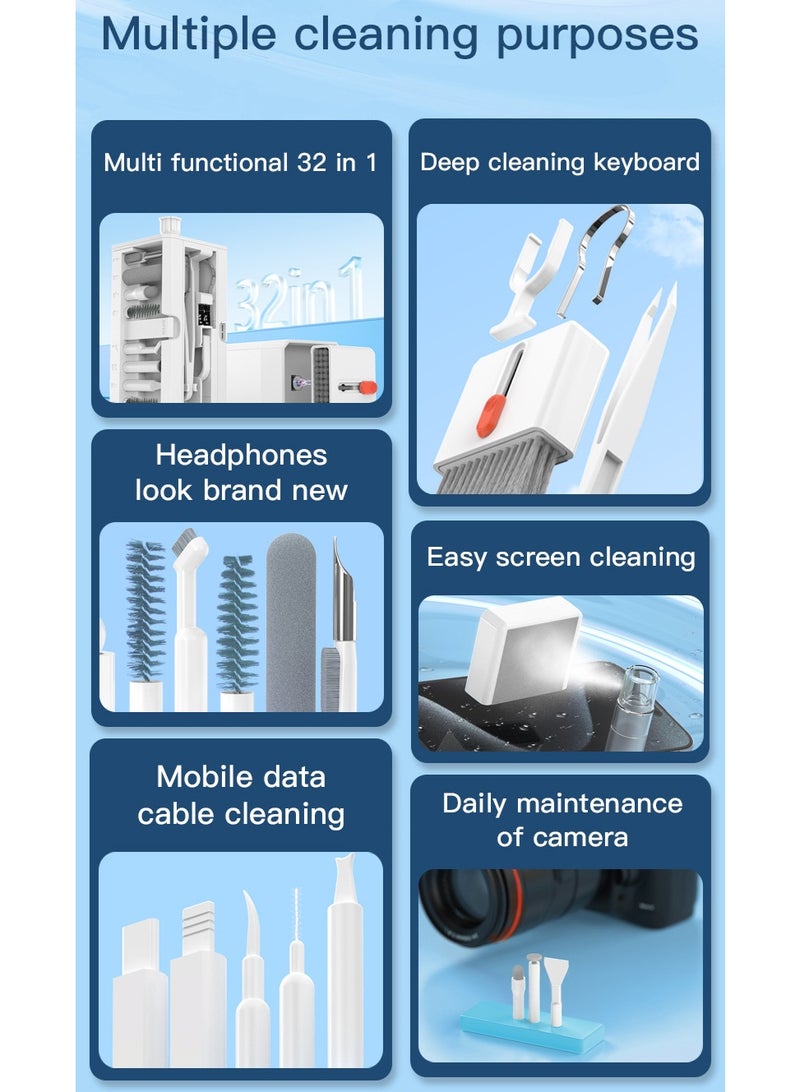 This 32-in-1 multi-functional cleaning kit is suitable for electronic products such as headphones, mobile phones, computers, monitors, and lenses. It features a compact and portable design and is available in white. - Image 3