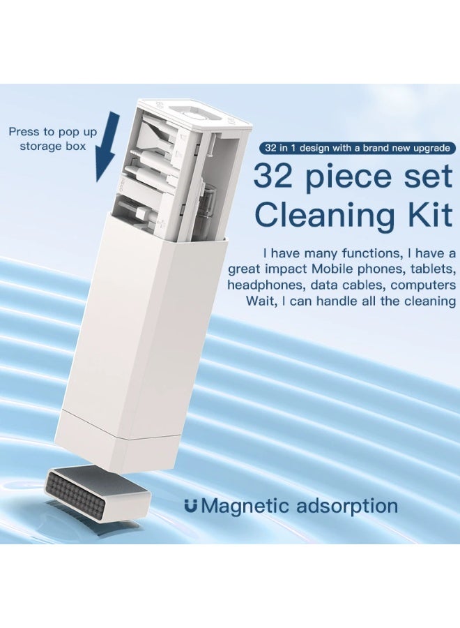 This 32-in-1 multi-functional cleaning kit is suitable for electronic products such as headphones, mobile phones, computers, monitors, and lenses. It features a compact and portable design and is available in white. - Image 2