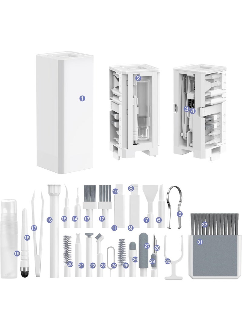 This 32-in-1 multi-functional cleaning kit is suitable for electronic products such as headphones, mobile phones, computers, monitors, and lenses. It features a compact and portable design and is available in white. - Image 1