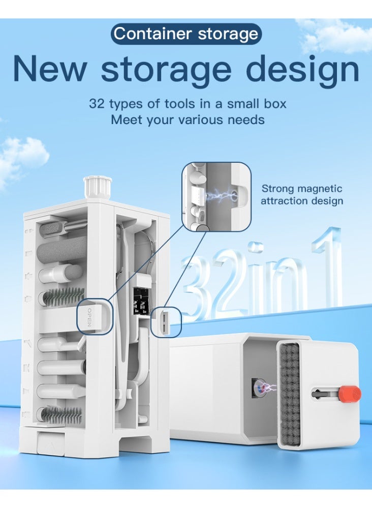 This 32-in-1 multi-functional cleaning kit is suitable for electronic products such as headphones, mobile phones, computers, monitors, and lenses. It features a compact and portable design and is available in white. - Image 4