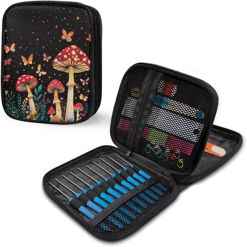 Vanideaoty Mushroom Crochet Hook Case with Web Pockets Floral Crochet Storage Organizer with Web Pockets Knitting Needle Case for Hooks, Knitting Needles Supplies - Image 5
