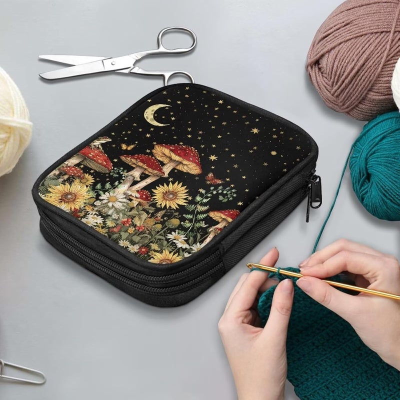 Vanideaoty Mushroom Crochet Hook Case with Web Pockets Floral Crochet Storage Organizer with Web Pockets Knitting Needle Case for Hooks, Knitting Needles Supplies - Image 3