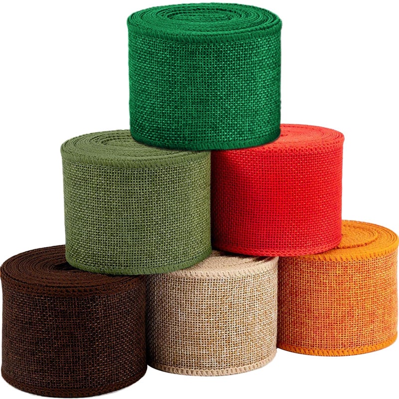 OZXCHIXU Fall Burlap Ribbon OrangeChocolateArmy GreenLight YellowRedGreen Burlap Wired Ribbon 24Inch x 6 Colors Total 30 Yard for Holiday Decorative Gift Wrapping Floral Bows