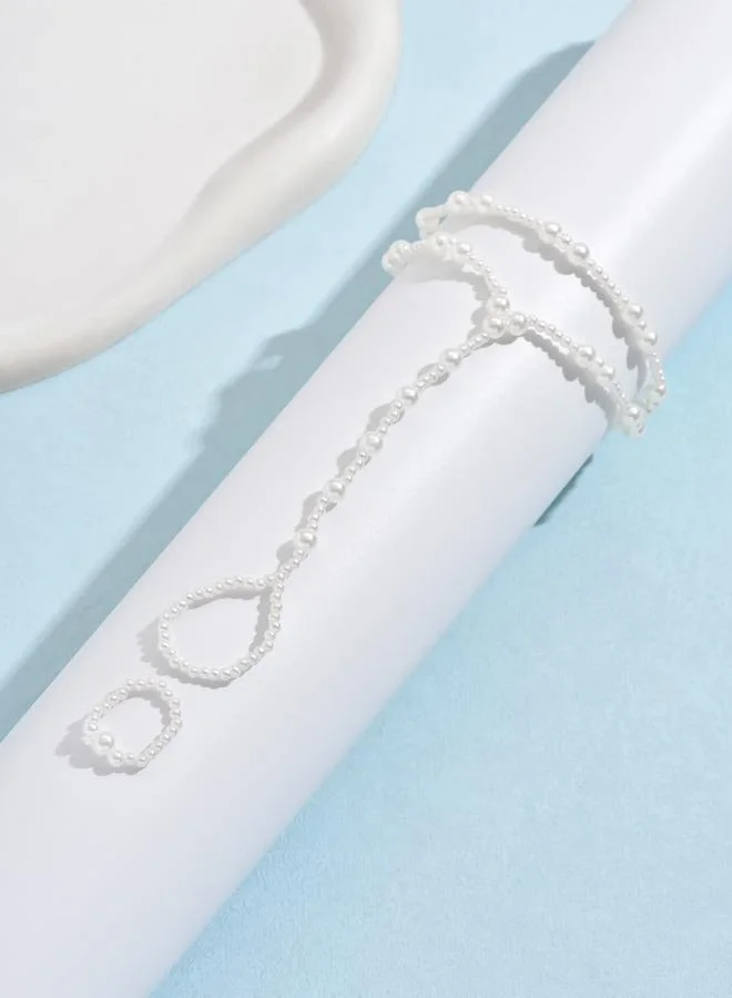 Take Two Faux Pearl Embellished Layered Beaded Anklet-Toe Combo