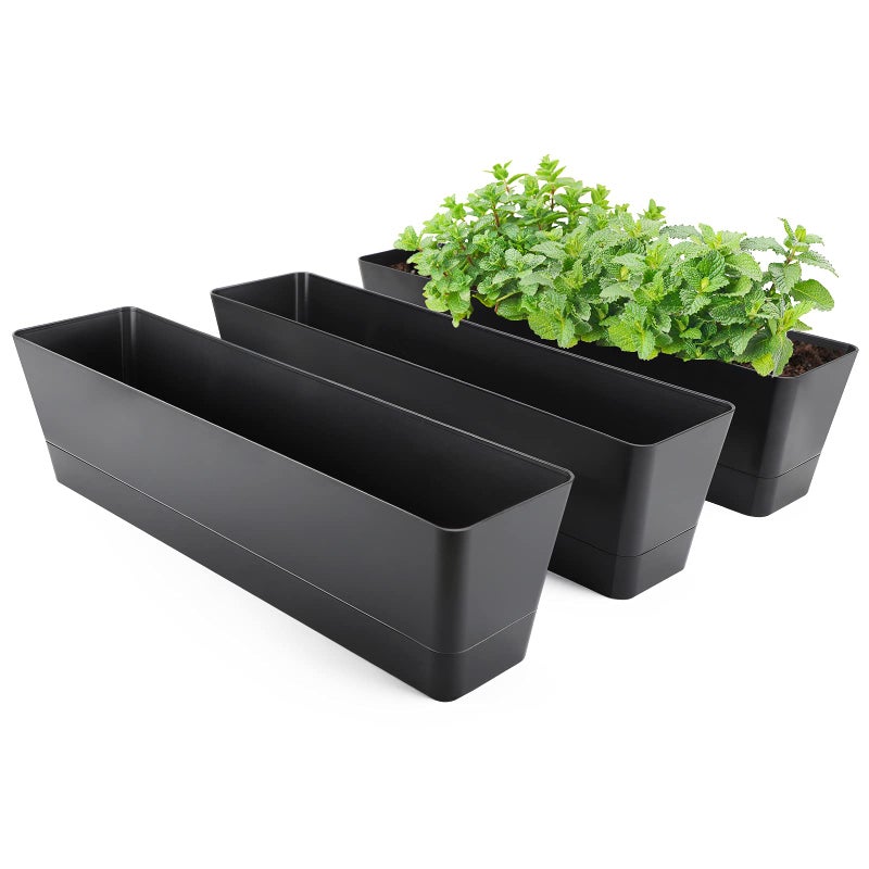 GREANER Window Boxes Planters, 3PCS 16x3.8 Inch Black Rectangle Planters Box with Drainage Holes and Trays, Herb Succulents Flowers Plastic Pot for Windowsill, Garden, Balcony, Indoor, Outdoor Decor - Image 1