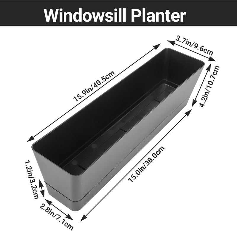 GREANER Window Boxes Planters, 3PCS 16x3.8 Inch Black Rectangle Planters Box with Drainage Holes and Trays, Herb Succulents Flowers Plastic Pot for Windowsill, Garden, Balcony, Indoor, Outdoor Decor - Image 2