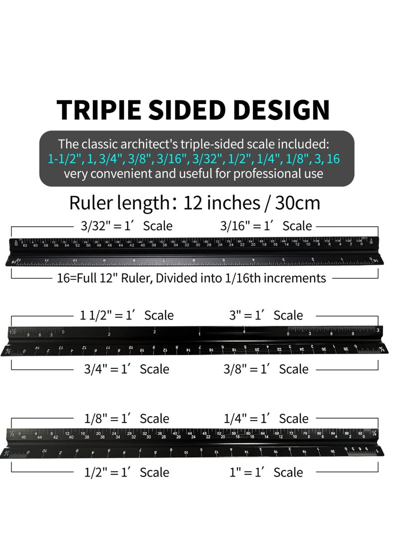 spa luxetique Architectural Scale - 12" Aluminum Triangular Scale Ruler, Black - Image 4