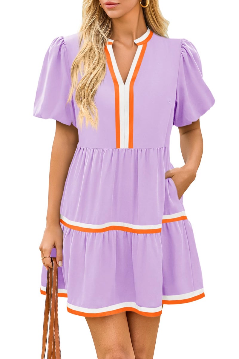 Cicy Bell Womens V Neck Floral Mini Dress Short Puff Sleeve Patchwork Summer Casual Boho Dresses - Image 1