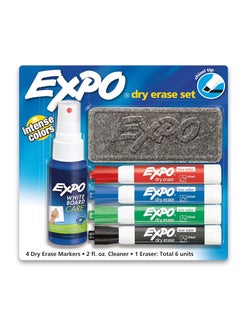 EXPO Low Odor Dry Erase Marker Set with White Board Eraser and Cleaner, Chisel Tip Dry Erase Markers, Assorted Colors, 6 Piece Set with Whiteboard Cleaner