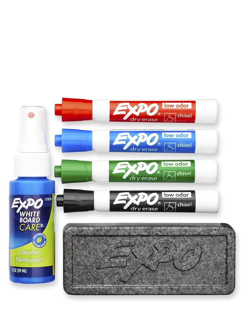 Expo EXPO Low Odor Dry Erase Marker Set with White Board Eraser and Cleaner, Chisel Tip Dry Erase Markers, Assorted Colors, 6 Piece Set with Whiteboard Cleaner  - Image 3