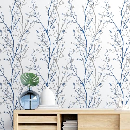 Mecpar Gray Blue Tree Branches Peel and Stick Wallpaper 17.71" x 394" Natural Wall Paper Modern Tree Branch Contact Paper Removable Wallpaper Self-Adhesive Vinyl for Furniture Crafts Walls - Image 1