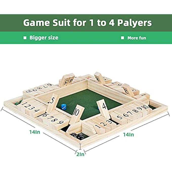 ApudArmis 4Way Shut The Box 14 بوصة مجموعة ألعاب لوحية خشبية كبيرة مع مجموعة ألعاب خشبية كبيرة مع نرد ShutTheBox للأطفال والكبار تعلم إضافة الفصل الدراسي حانة الحفلات المنزلية - Image 3