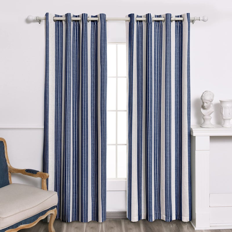 DriftAway Chris Linen Blackout Curtains with Thermal and Sound Reducing Layer 84 Inches Long for Bedroom Striped Printed Drapes Thermal Insulated Lined Window Treatments for Living Room Dark Blue - Image 1