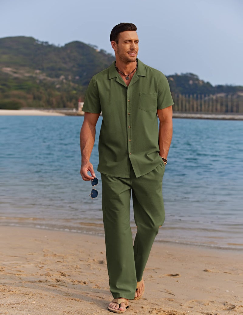 COOFANDY Men Beach Linen Outfits Sets 2 Piece Cuba Guayabera Shirts Summer Island Sets - Image 2