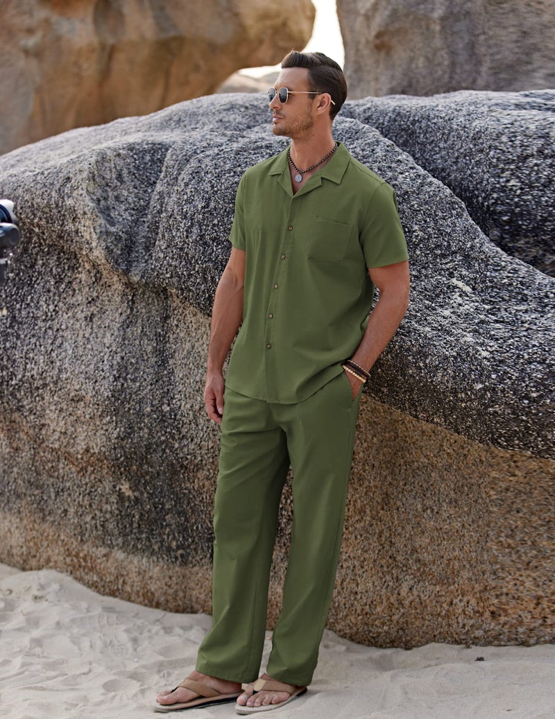 COOFANDY Men Beach Linen Outfits Sets 2 Piece Cuba Guayabera Shirts Summer Island Sets - Image 4