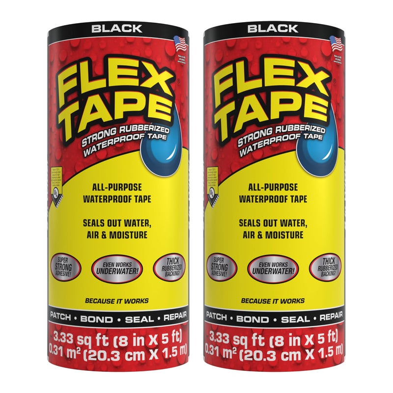 Flex Tape, Original Thick Flexible Rubberized Waterproof Tape - Seal and Patch Leaks, Works Underwater, Indoor Outdoor - Home RV Roof Plumbing and Pool Repairs, Black, 8 in x 5 ft, Pack of 2