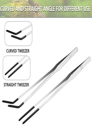 2 PCS Long Aquarium Tweezers Stainless Steel Reptile Feeding Tongs Tweezers with Rubber Tip, Straight and Curved Long Handle Feeder Tool Terrarium Feeder Supplies (27cm Silver) - view 3