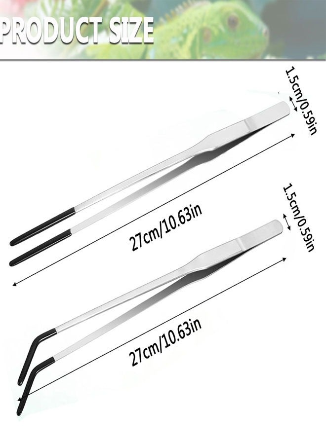 HAWAWA 2 PCS Long Aquarium Tweezers Stainless Steel Reptile Feeding Tongs Tweezers with Rubber Tip, Straight and Curved Long Handle Feeder Tool Terrarium Feeder Supplies (27cm Silver) - Image 2