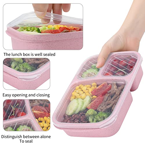 buluker 4 Pack Bento Lunch Box Set 3 Compartment Food Storage Containers Wheat Straw Meal Prep Lunch Box Plastic Food Storage Containers, Microwave and Dishwasher Safe (light colour) - Image 3