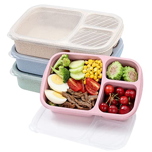 buluker 4 Pack Bento Lunch Box Set 3 Compartment Food Storage Containers Wheat Straw Meal Prep Lunch Box Plastic Food Storage Containers, Microwave and Dishwasher Safe (light colour) - Image 1
