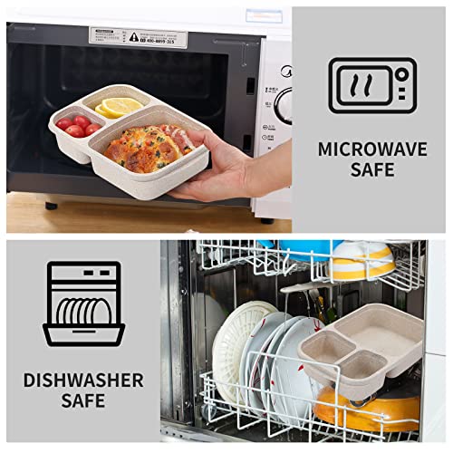 buluker 4 Pack Bento Lunch Box Set 3 Compartment Food Storage Containers Wheat Straw Meal Prep Lunch Box Plastic Food Storage Containers, Microwave and Dishwasher Safe (light colour) - Image 5