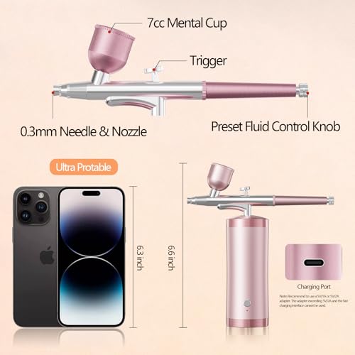 crpen Airbrush Kit With Compressor 48PSI Rechargeable High Pressure Air Brush Set Cordless Airbrush Kit with 0.3mm Nozzle for Painting,Nail Art, Cake Decor,Makeup,Modeling (Pink) - Image 2