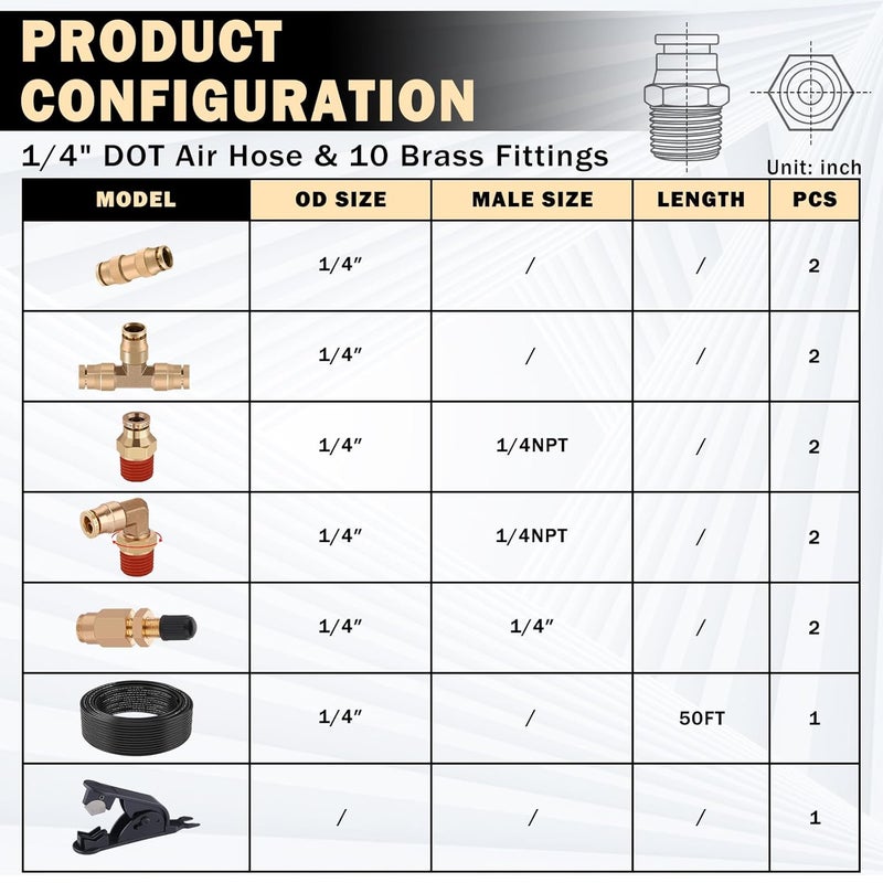 CheeMuii 50 FT 1/4 DOT Air Line Kit with Brass Fittings - Image 2