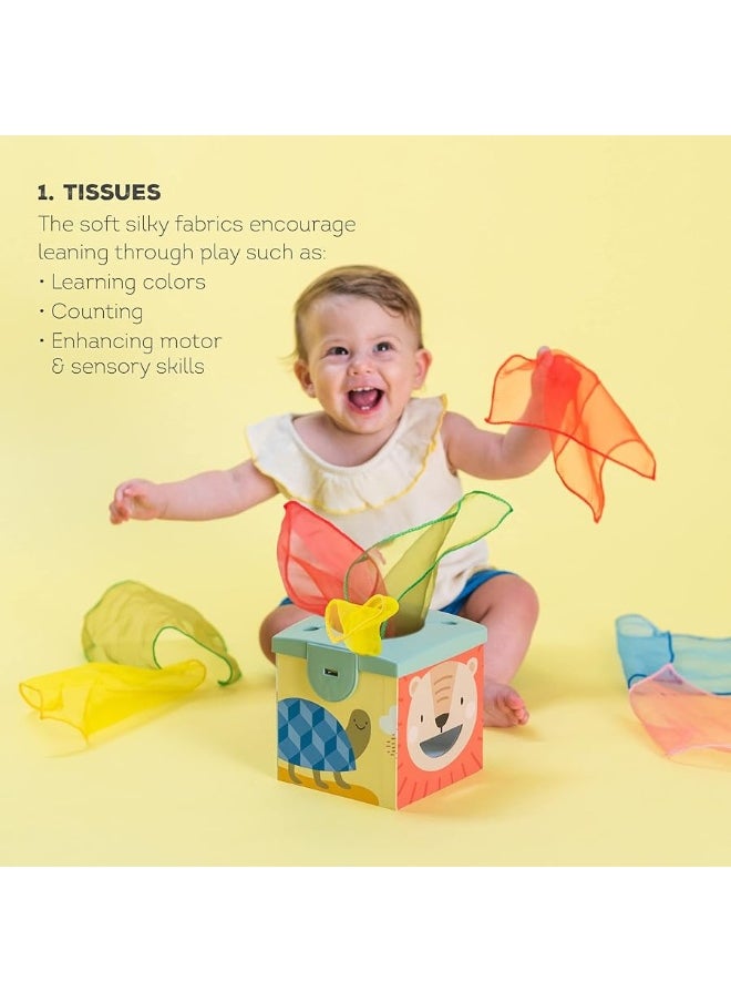 Taf Toys Taf Toys Sensory Baby Tissue Box, Object Permanence Box, Imaginary Play for Infants & Toddlers, Montessori Square Sensory Toys Colorful Pull Scarves, Play Balls & Cards Educational Preschool Learning  - Image 3
