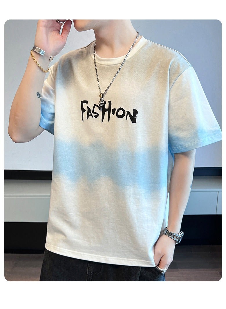Fashionable Men's Round Neck Gradient Color Printed Bottom T-shirt  - Image 2