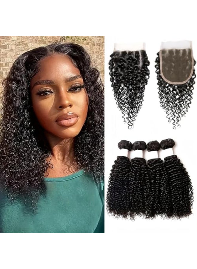 Risbaer Mongolian Kinky Curly Hair Bundles with Closure Deep Wave Human Hair 4Bundles with 4x4 Lace Closure Wet and Wavy Bundles Human Hair with Closure8810108 - Image 1
