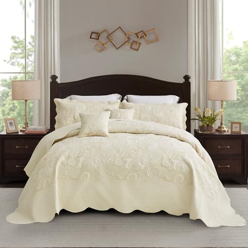 Blythease Oversized King Bedspread 128x120 Extra Wide Paisley Pattern Design Lightweight Bedding Cover Reversible 5 Piece 100 Microfiber Ivory Yellow - Image 1