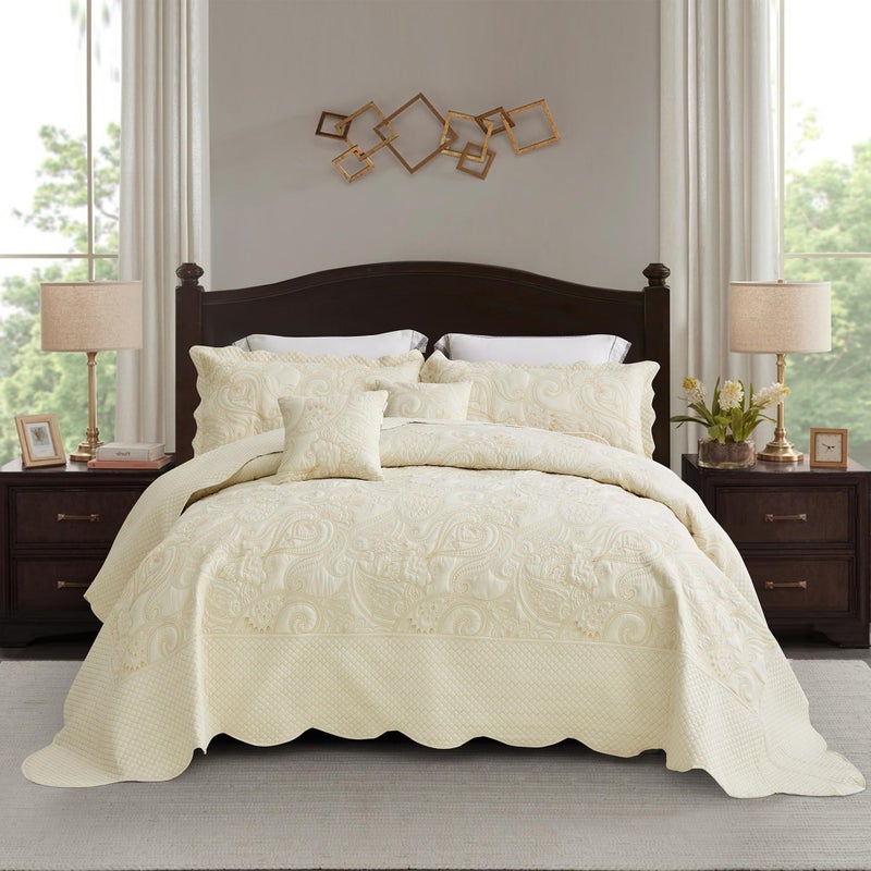 Blythease Oversized King Bedspread 128x120 Extra Wide Paisley Pattern Design Lightweight Bedding Cover Reversible 5 Piece 100 Microfiber Ivory Yellow - Image 2