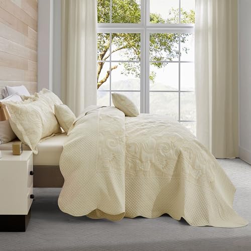 Blythease Oversized King Bedspread 128x120 Extra Wide Paisley Pattern Design Lightweight Bedding Cover Reversible 5 Piece 100 Microfiber Ivory Yellow - Image 3