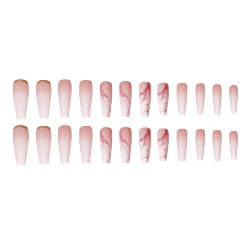 YoYoee Nude Press On Nails Coffin Long Fake Nails Acrylic Gradient False Nails Marble Full Cover Stick On Nails for Women and Girls (24 PCS) - Image 4