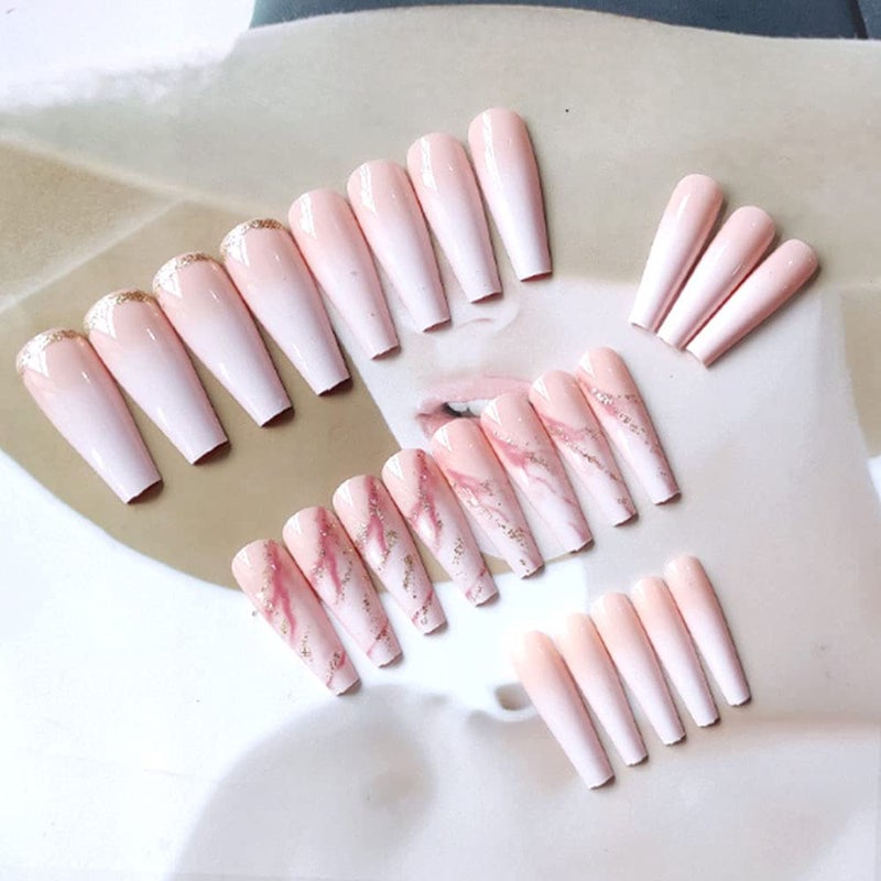 YoYoee Nude Press On Nails Coffin Long Fake Nails Acrylic Gradient False Nails Marble Full Cover Stick On Nails for Women and Girls (24 PCS) - Image 3